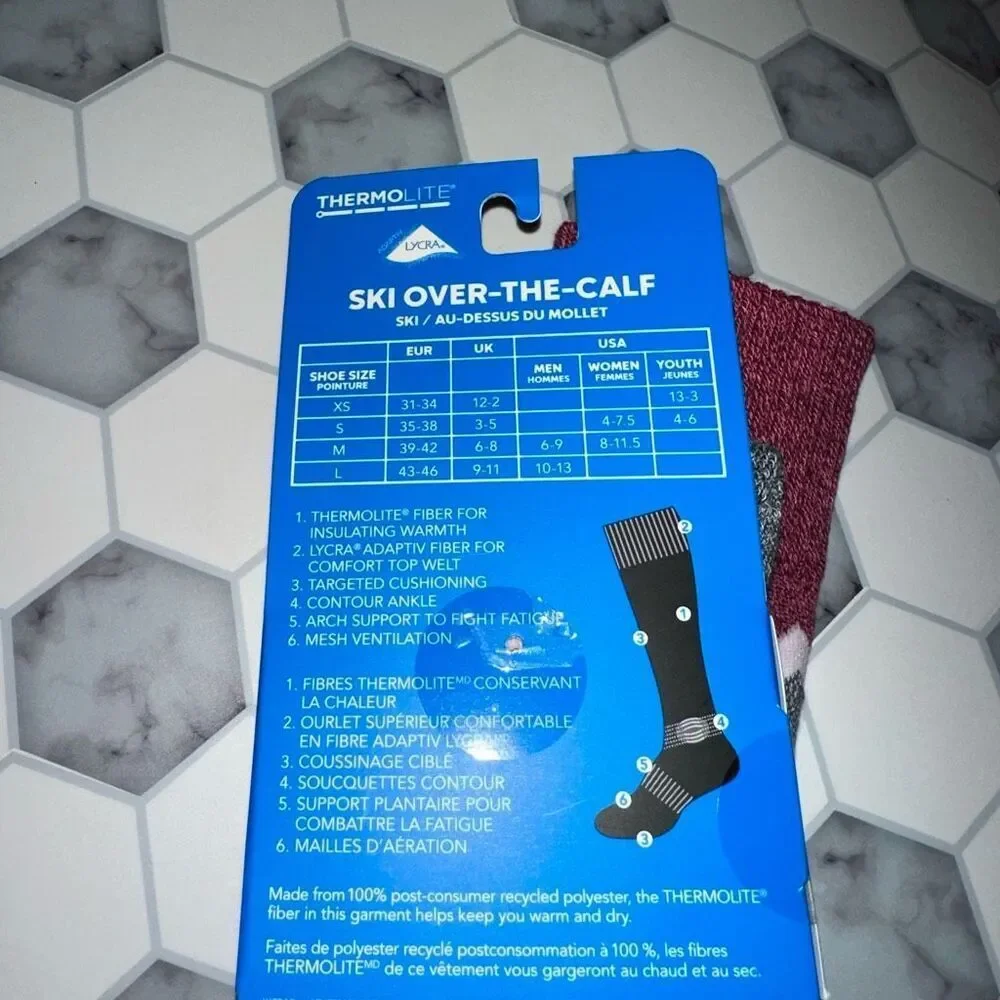 Columbia Thermolite Medium Weight Over Calf Pink Gray Ski Socks Size Small NWT